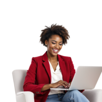 A woman in a red jacket sitting on a chair with a laptop png