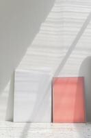 Minimalist art display with white and coral canvases in soft light photo