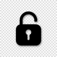 Open padlock icon in solid black. Minimalist unlocked symbol for security systems, access control and user interface designs. Clean silhouette vector