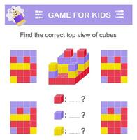 Find the correct top view of cubes. Logic game. Attention tasks for children. IQ training test vector
