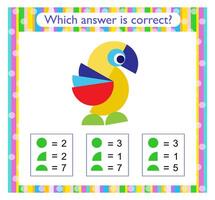 Math activity for kids. Need to find the correct answer. Cartoon parrot. vector