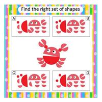 Logic puzzle for children. Find the correct set of cartoon crab. Answer is B. vector