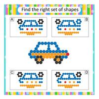 Logic puzzle for children. Find the correct set of cartoon car. Answer is D. vector