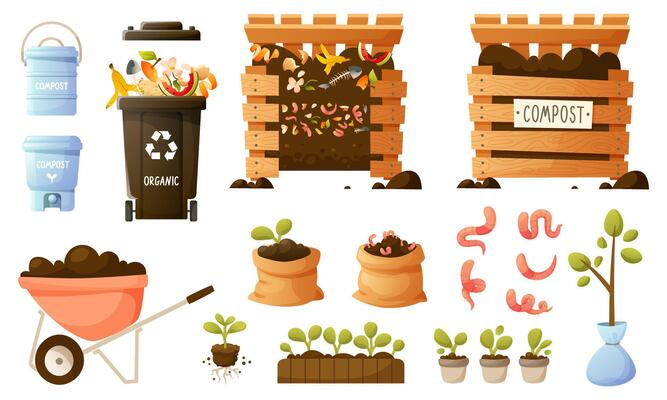 set on the topic of organic compost, eco gardening, composting, agriculture. Compost bin, bag with soil, food waste, worms, container, bucket for composting in the apartment.