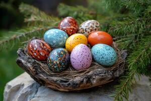 Colorful easter eggs resting in a bird's nest near pine branches photo