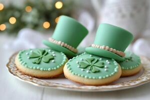 Decorated saint patrick's day cookies with green top hats and shamrocks showing irish pride photo