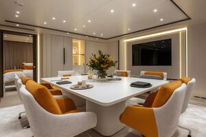 Modern conference room with large table and comfortable chairs displaying sophistication and style photo