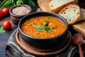 Steaming lentil soup garnished with parsley in rustic bowl photo