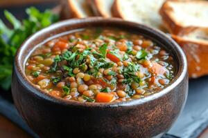 Hearty lentil soup with carrots, celery, and herbs, served in a rustic bowl with crusty bread photo