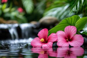 Pink hibiscus flowers floating on water with tropical waterfall background photo