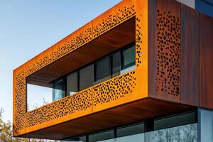 Modern building featuring a balcony with perforated rusty metal cladding photo