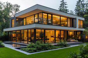 Modern luxury house illuminating the surrounding garden at twilight photo