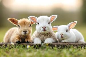 Two lambs and a rabbit resting on a log in green meadow photo
