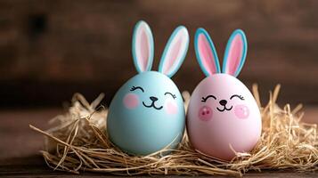Two easter eggs with rabbit ears resting on straw photo