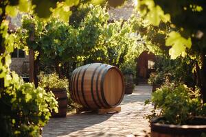 Wine barrel resting in vineyard during golden hour sunlight photo