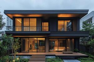 Modern house exterior design featuring large glass windows and wooden deck at dusk photo