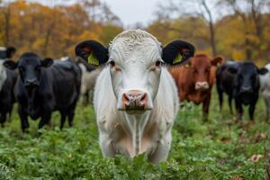 White cow standing in green field with herd of cows in background photo