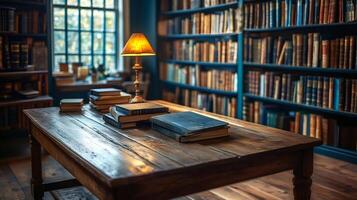 Old books resting on wooden table in library lit by lamp photo