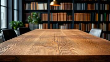 Empty wooden table in blurred library background with big window photo