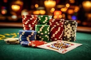 Poker chips stacked on green table with jack of hearts playing card photo