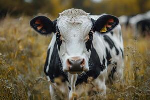 Cow grazing in the meadow looking at camera in autumn photo