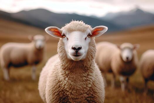 oveja en pie en campo mirando adelante con rebaño en antecedentes montañas foto