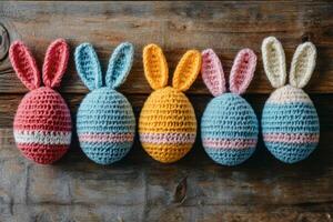 Five colorful crocheted easter bunny eggs resting on rustic wooden surface photo