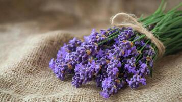 Fresh lavender bouquet tied with twine on rustic burlap background photo