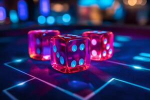 Three red dice on a futuristic casino table showing gambling addiction photo