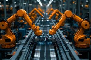 Robotic arms working on assembly line in modern factory... photo