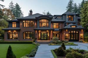 Luxury brick house with illuminated windows at twilight enhancing curb appeal photo