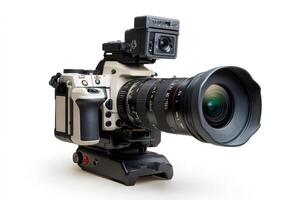 Professional digital mirrorless camera with external monitor and zoom lens recording photo
