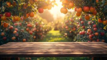 Empty wooden table under apple tree branches in an orchard at sunset photo
