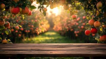 Ripe red apples hanging from tree branches in orchard at sunset with wooden table photo