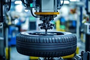 Robotic arm assembling car tire in automated production line photo