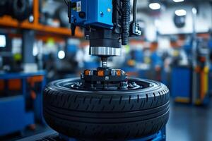 Automated robotic arm installing car tire on wheel in factory photo