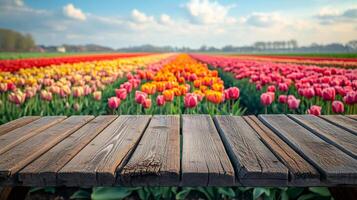 Empty wooden table with colorful tulip field background for product placement photo