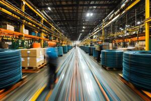 Workers walking in busy cable factory with motion blur effect photo