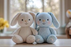 Two adorable plush bunny rabbits sitting on table by window photo