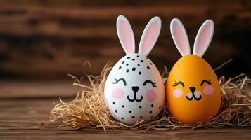 Two easter eggs with bunny ears and painted faces resting on straw photo