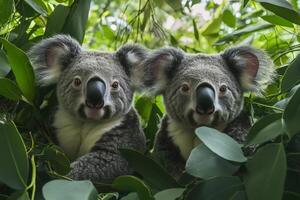 Two koalas posing on eucalyptus tree branches photo