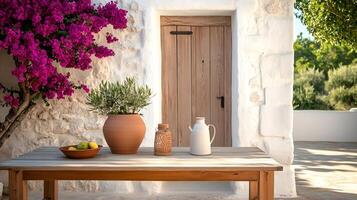Bougainvillea blooming near wooden table with decorations in front of white wall and door photo