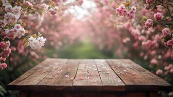 Wooden table under blooming sakura trees creating a dreamy spring atmosphere photo