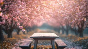 Wooden picnic table under blooming cherry trees in spring orchard photo