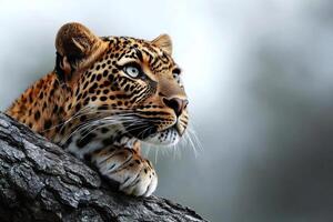 Leopard resting on a branch and observing surroundings.. photo