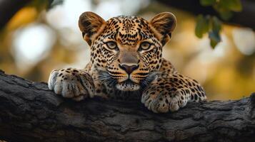 Leopard resting on a branch in the forest photo