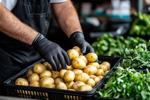 Greengrocer arranging fresh potatoes in grocery store displaying local produce photo