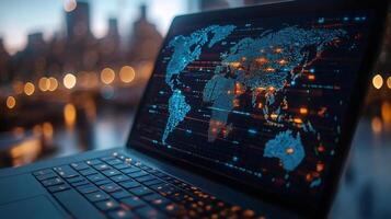 Laptop showing world map with futuristic digital data flowing on screen in office at night photo