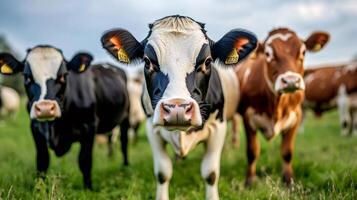 Cows grazing in green pasture, sustainable farming practices photo
