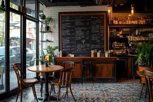 Empty restaurant interior with chalkboard menu displaying prices and dishes photo